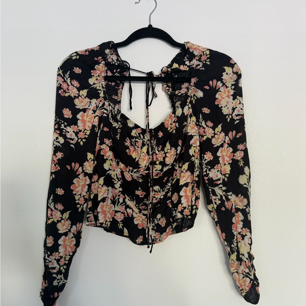 Free People Black Floral Long Sleeve Top with Pink & Cream Blooms